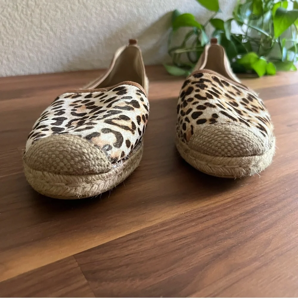 Stuart Weitzman The Camping Espadrilles Leopard Hair Calf Leather Tan, size 10.5